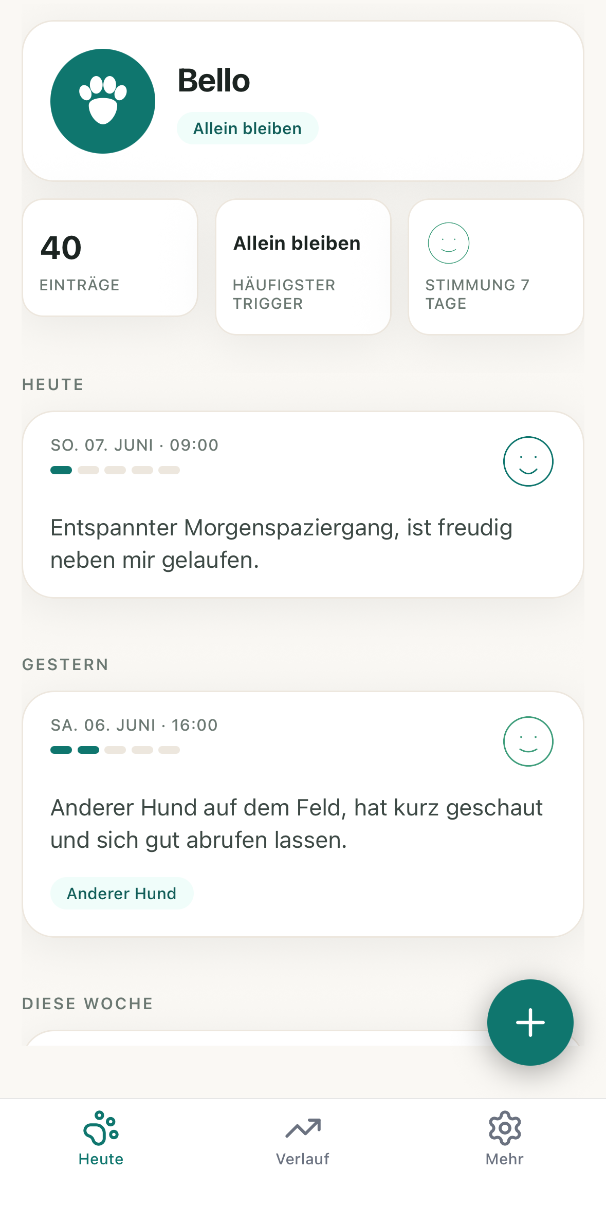 Pfotensicht-App: Tagesübersicht mit Tagebucheinträgen